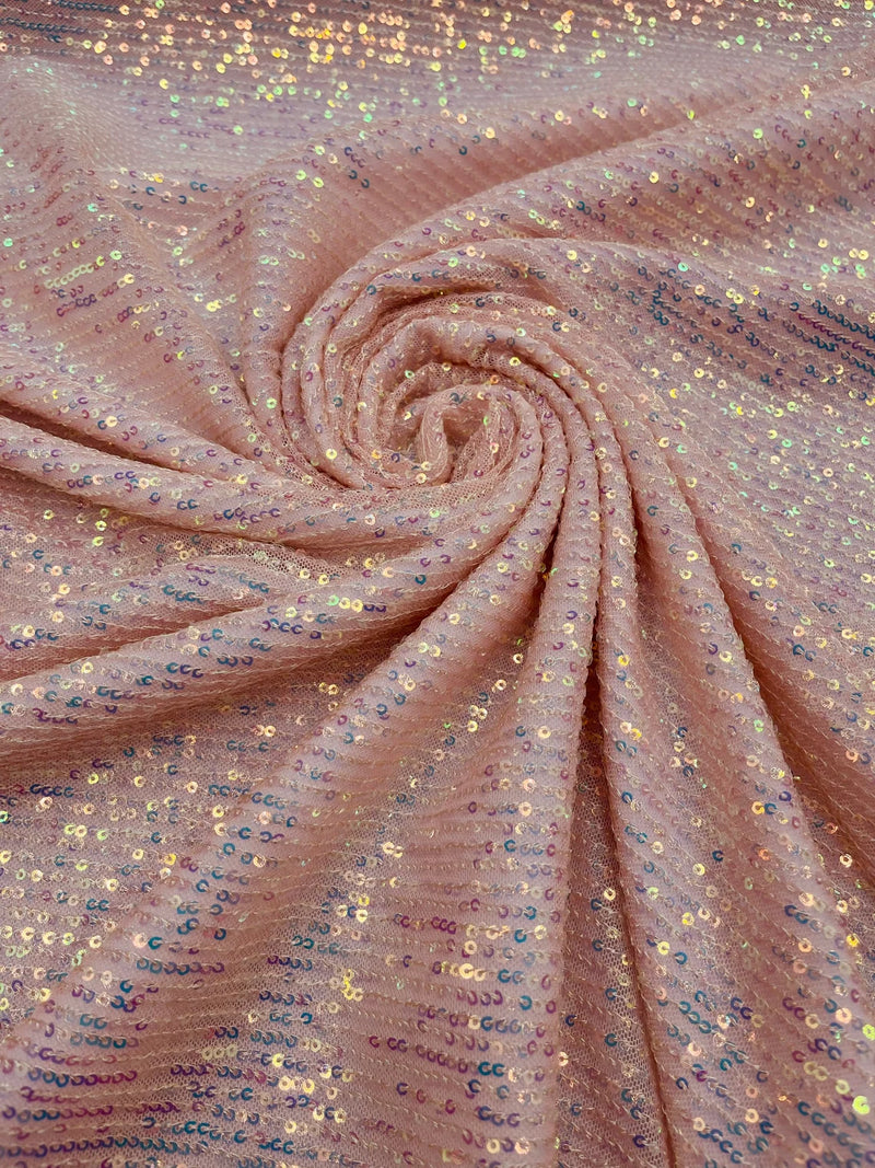 Mille Striped Stretch Sequins - Clear Iridescent on Pink - 4 Way Stretch Spandex Sequins Striped Fabric By The Yard
