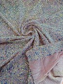 Sequins Velvet Seashell Design - Clear Iridescent on Pink - Velvet Fabric with Special Sequins Sold By Yard