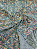 Sequins Velvet Seashell Design - Clear Iridescent on Sage - Velvet Fabric with Special Sequins Sold By Yard