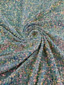 Sequins Velvet Seashell Design - Clear Iridescent on Sage - Velvet Fabric with Special Sequins Sold By Yard