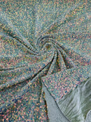 Sequins Velvet Seashell Design - Clear Iridescent on Sage - Velvet Fabric with Special Sequins Sold By Yard