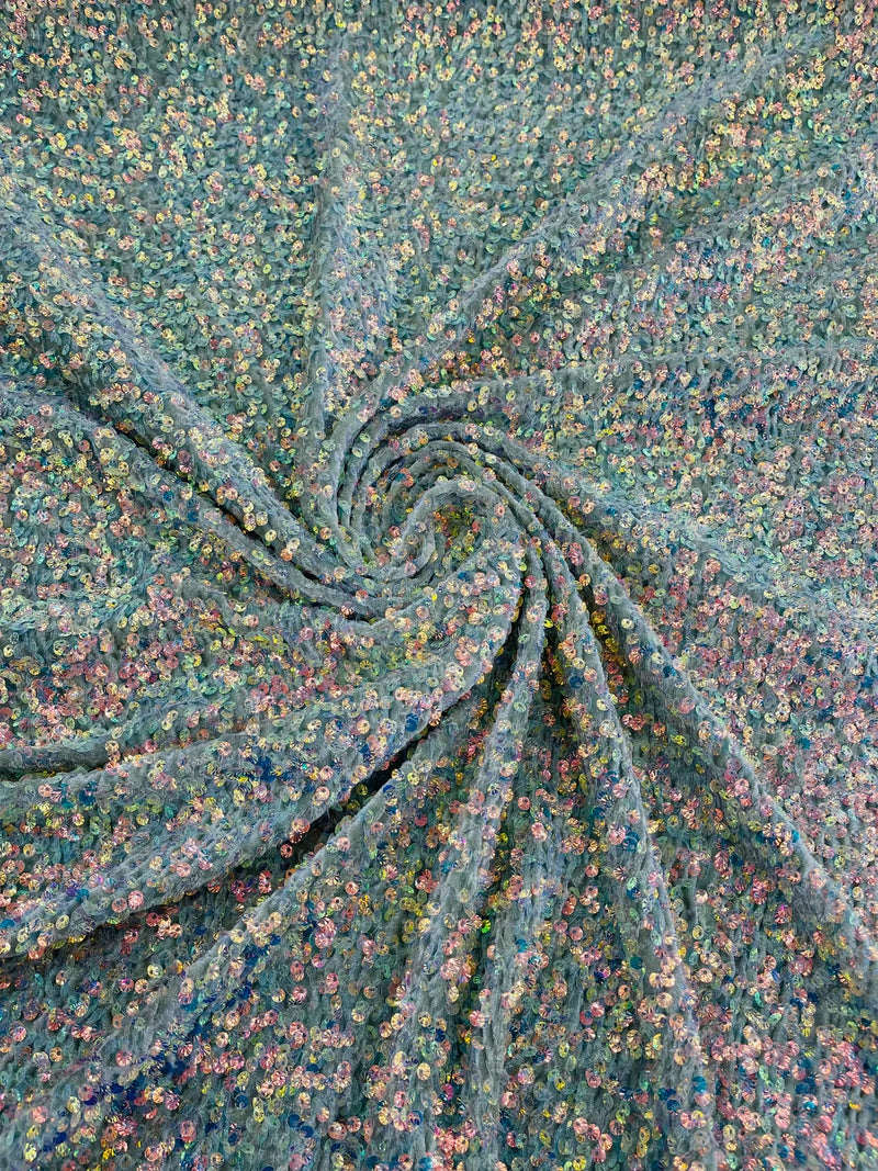 Sequins Velvet Seashell Design - Clear Iridescent on Sage - Velvet Fabric with Special Sequins Sold By Yard