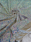 Sequins Velvet Seashell Design - Clear Iridescent on  Taupe - Velvet Fabric with Special Sequins Sold By Yard