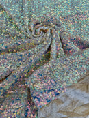 Sequins Velvet Seashell Design - Clear Iridescent on  Taupe - Velvet Fabric with Special Sequins Sold By Yard