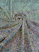 Sequins Velvet Seashell Design - Clear Iridescent on  Taupe - Velvet Fabric with Special Sequins Sold By Yard
