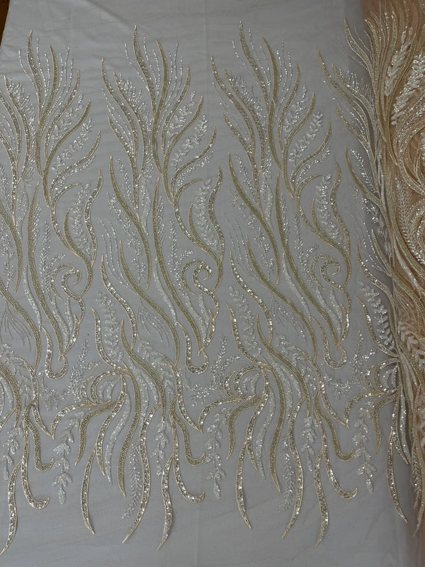 Sea Plant Design Fabric - Clear on Nude Mesh - Beaded Embroidered Sea Plant Design Fabric by Yard