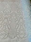 Beaded Fashion Design Fabric - Clear on Blue - Beaded Embroidered Damask Style Fabric on Mesh By Yard