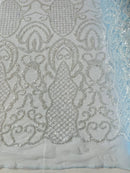 Beaded Fashion Design Fabric - Clear on Blue - Beaded Embroidered Damask Style Fabric on Mesh By Yard
