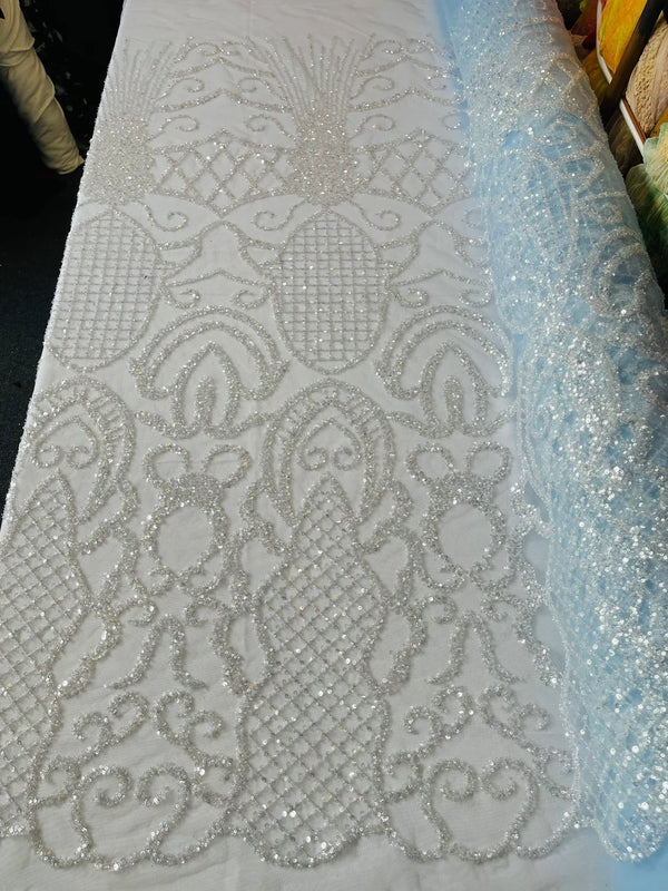 Beaded Fashion Design Fabric - Clear on Blue - Beaded Embroidered Damask Style Fabric on Mesh By Yard