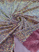 Sequins Velvet Seashell Design - Clear Iridescent on Dusty Rose - Velvet Fabric with Special Sequins Sold By Yard