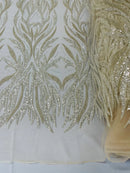 Beaded Elegant Leaf Fabric - Clear - Embroidered Leaf Design Beaded Fabric Sold by Yard