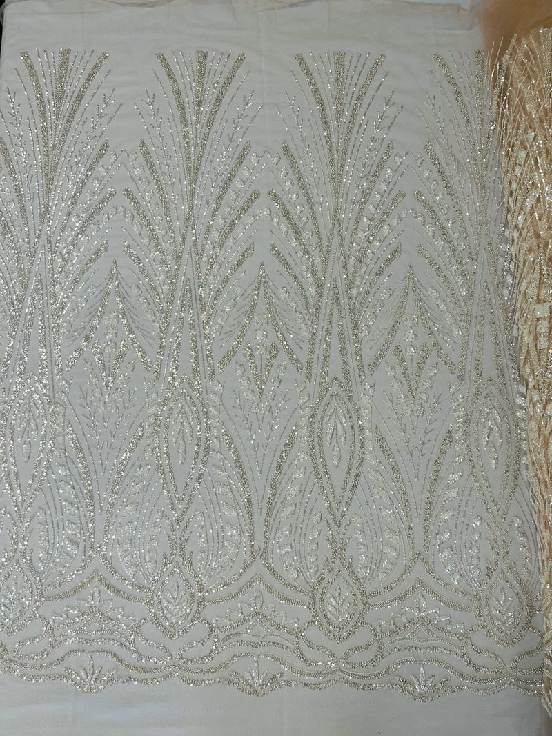 Beaded Pattern Fabric - Clear - Embroidered Fancy Beads Pattern On Mesh Fabric Sold By Yard