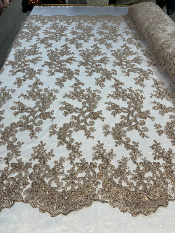 Lace Sequins Fabric - Corded Flower Embroidery Design Mesh Fabric - 25 Yard Roll