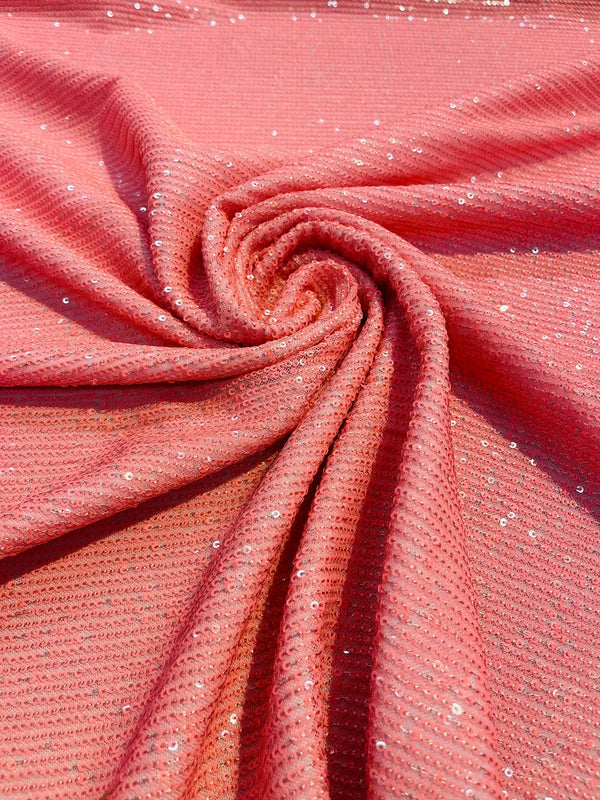 Mille Striped Stretch Sequins - Coral Iridescent - 4 Way Stretch Spandex Sequins Striped Fabric By The Yard