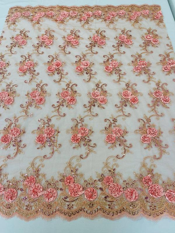 Flower Lace Fabric - Coral Pink - Embroidered Flower With Sequins on a Mesh Lace Fabric By Yard