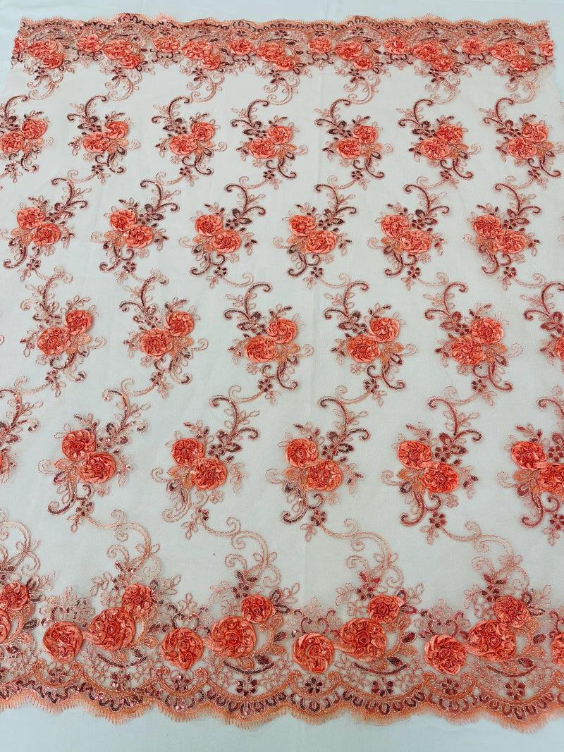Flower Lace Fabric - Coral Peach - Embroidered Roses With Sequins on a Mesh Lace Fabric By Yard