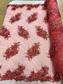 3D Floral Clusters with Rhinestone - Coral - Embroidered Flowers Beads On Lace Yard