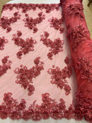 3D Flowers and Rhinestone - Coral - Elegant Realistic Flowers Embroidered On Lace Fabric By Yard