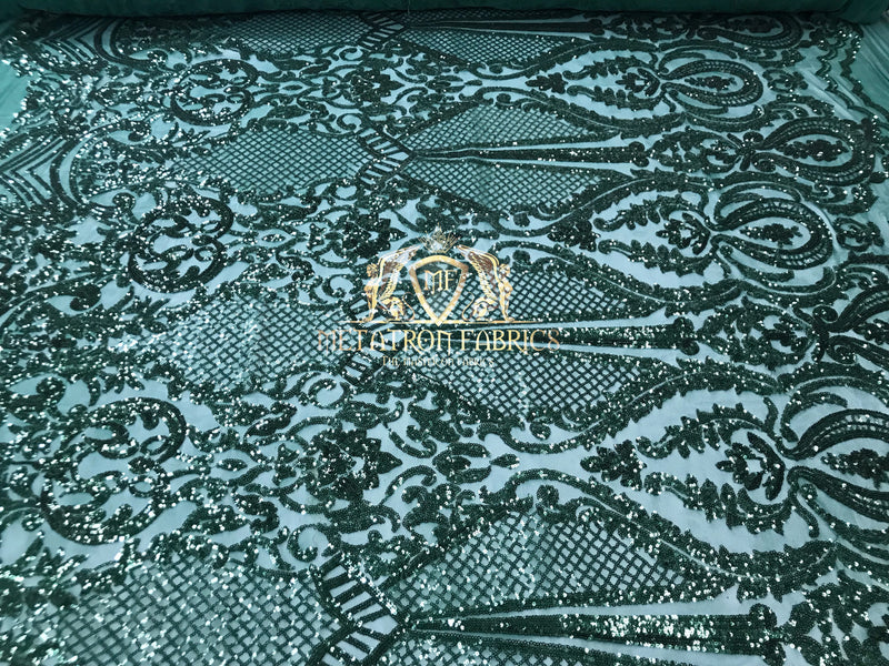 Sequins - Hunter Green - 4 Way Stretch Fancy Fabric Embroidered On Mesh Sold By The Yard