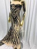 4 Way Stretch - Black - Vines Design Sequins Fabric Embroidered On Mesh Sold By The Yard