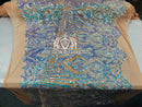 Iridescent Sequins - Lilac / Aqua - 4 Way Stretch Damask Design Fabric On Stretch Mesh By The Yard