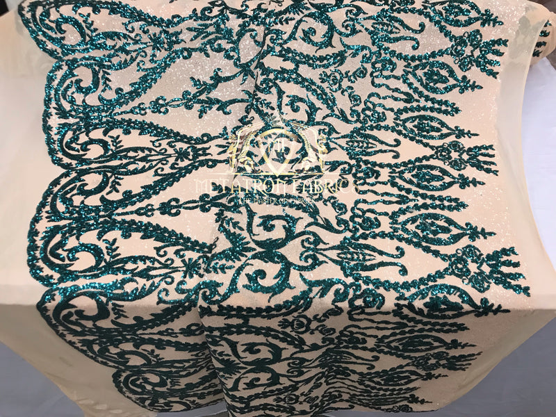 Two Tone Sequins - Teal / Nude - 4 Way Stretch Fancy Design Mesh Fabric Sold By The Yard