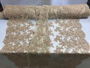 Champagne Beaded Bridal Lace, Sold By The Yard Embroidered Floral Wedding Beaded Fabric with Sequin