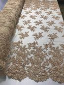 Champagne Beaded Bridal Lace, Sold By The Yard Embroidered Floral Wedding Beaded Fabric with Sequin