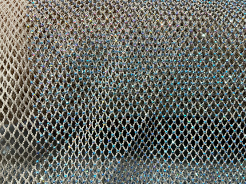 Iridescent Rhinestones Fabric On Champagne Stretch Net Fabric, Fish Net  with Crystal Stones by yard