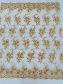 Flower Lace Fabric - Champagne - Embroidered Flower With Sequins on a Mesh Lace Fabric By Yard