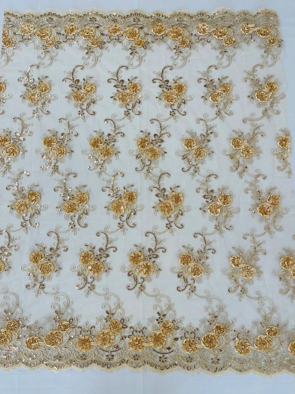Flower Lace Fabric - Champagne - Embroidered Flower With Sequins on a Mesh Lace Fabric By Yard