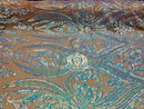 Big Damask Sequins Fabric - Iridescent Aqua - 4 Way Stretch Damask Sequins Design Fabric By Yard
