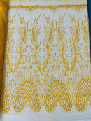Heart & Feather Pattern Fabric - Dark Yellow - Embroidered Elegant Design with Beads Mesh Fabric Sold By Yard