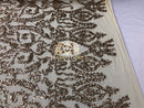 4 Way Stretch - Gold - Sequins Damask Design Fabric Embroidered On Mesh Sold By The Yard