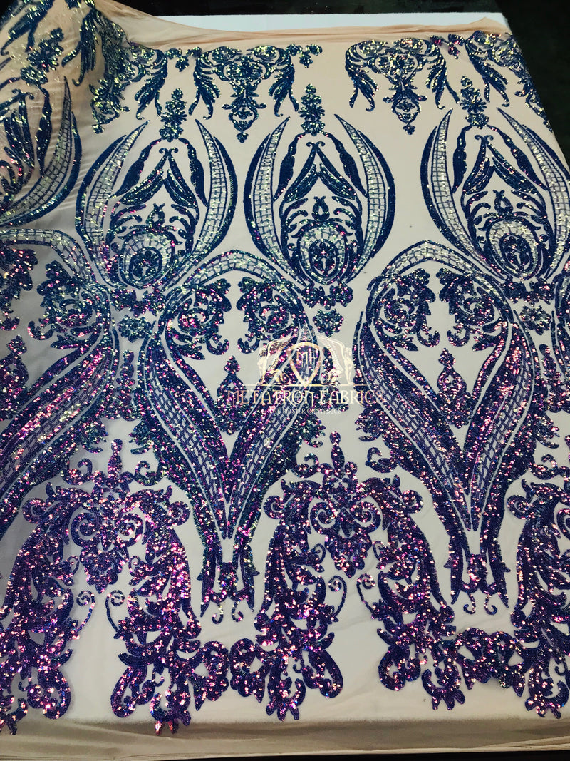 Big Damask Sequins Fabric - Purple - 4 Way Stretch Damask Sequins Design Fabric By Yard