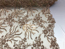 Beaded - Champagne - Fancy Flower Design Sequins Fabric with Beads Sold By The Yard