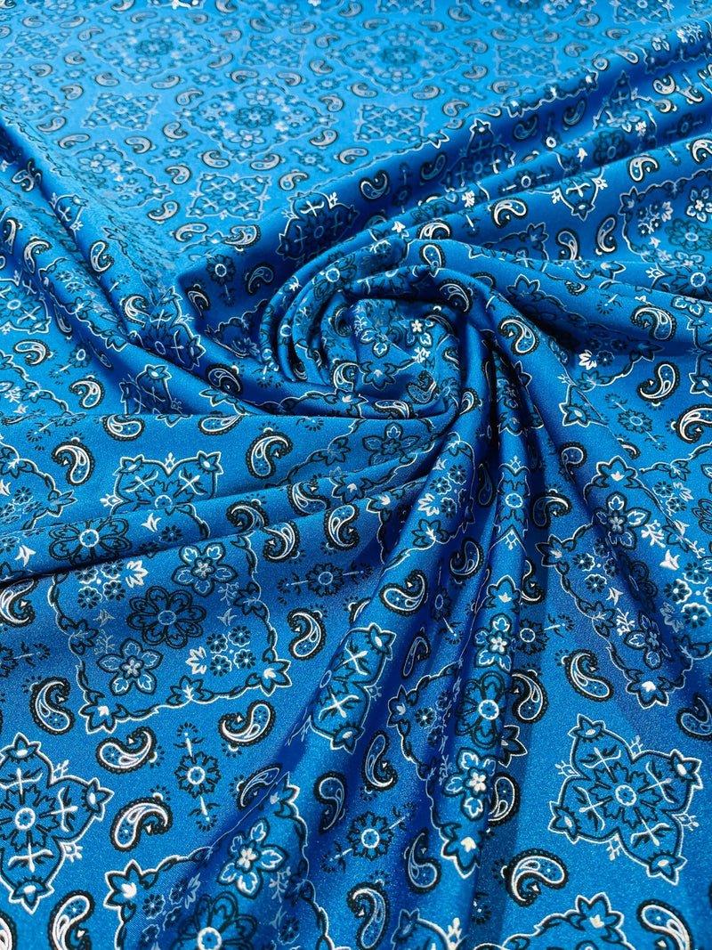 Bandana Print Fabrics - Dark Turquoise - Lycra Spandex Bandana Fabric Sold By The Yard