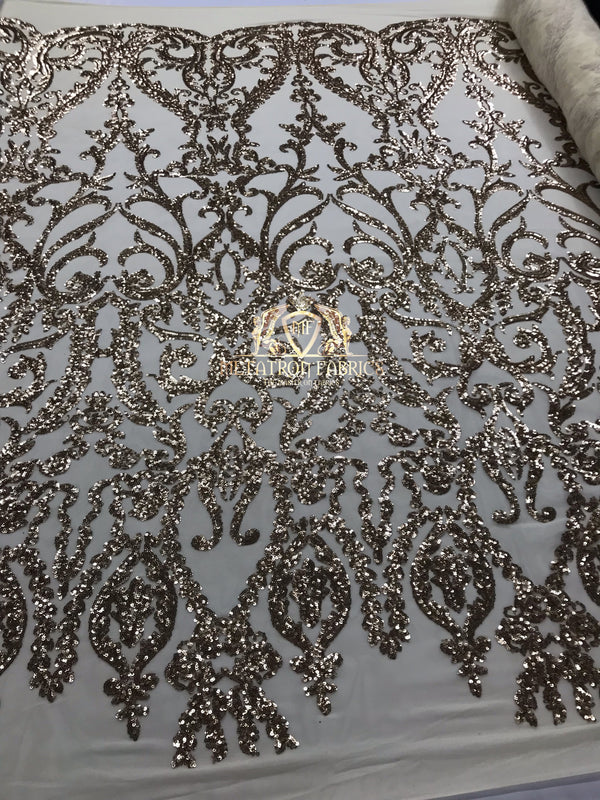 4 Way Stretch - Gold - Sequins Damask Design Fabric Embroidered On Mesh Sold By The Yard