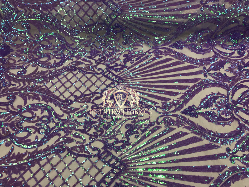 Iridescent Sequins - Lilac - 4 Way Stretch Damask Design Fabric On Stretch Mesh By The Yard