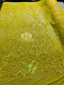 Iridescent Sequins - Yellow - 4 Way Stretch Damask Design Fabric On Stretch Mesh By The Yard