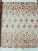 3D Floral Pearl Fabric - Dusty Rose - 3D Triangle Flower Design on Mesh By Yard
