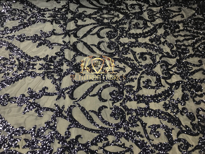 4 Way Stretch - Navy - Sequins Damask Design Fabric Embroidered On Mesh Sold By The Yard