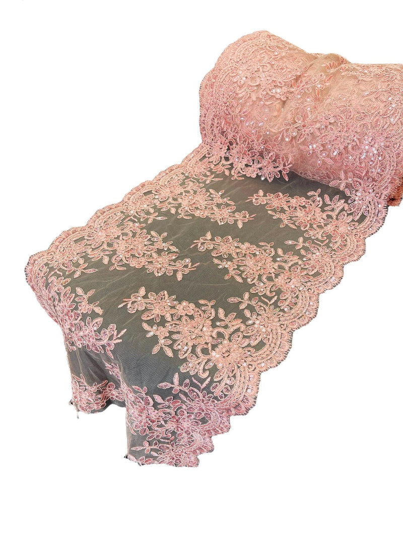 Flower Cluster Lace Sequins Table Runner - Dusty Rose - Floral Lace Table Runner Sold By Yard