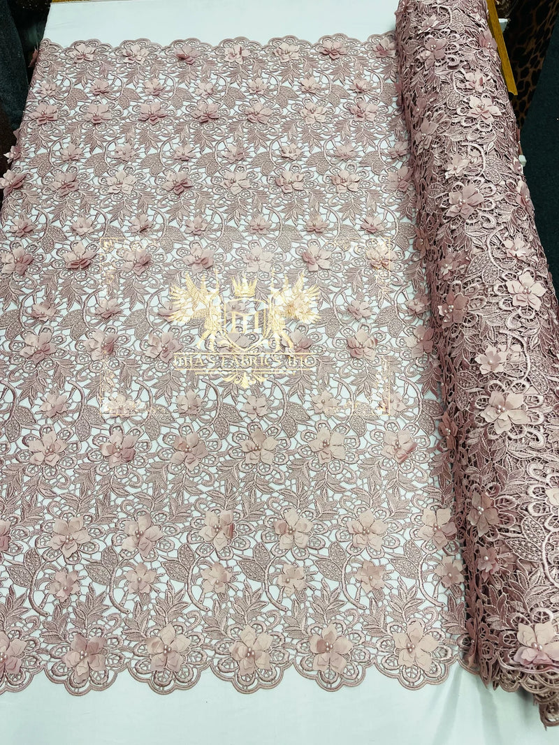 Guipure Floral Lace Fabric - Dusty Rose - Floral Pearls Guipure Fabric Sold By Yard