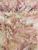 Floral 3D Rose Fabric - Dusty Rose - Embroided Rose Flower Design Fabric Sold by Yard