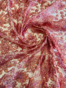 Holographic Sequins Lace - Dusty Rose - Flower Sequins Lace Design w/ Metallic Thread by Yard