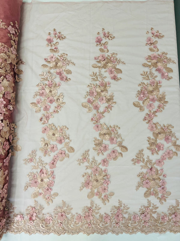 Floral 3D Rose Fabric - Dusty Rose - Embroided Rose Flower Design Fabric Sold by Yard