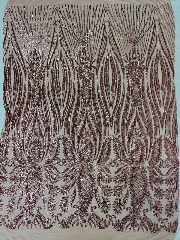 Paisley Sequin Fabric - Dusty Rose - Line Pattern 4 Way Stretch Elegant Fabric By The Yard