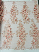 3D Rhinestone Rose Fabric - Dusty Rose - Embroidered 3D Roses Design on Mesh Fabric Sold by Yard
