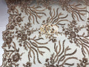 Beaded - Champagne - Fancy Flower Design Sequins Fabric with Beads Sold By The Yard